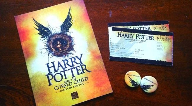 Harry Potter and the Cursed Child book play tickets and badges